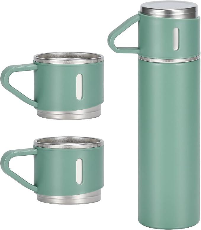 500ml/17 OZ Stainless Steel Coffee Thermo Vacuum Flask Set, Insulated Water Bottle with Three Cup for Hot and Cold Drinks, Green