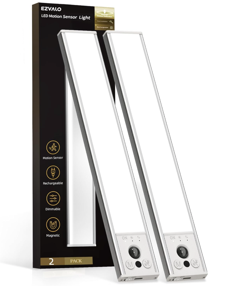 EZVALO 10inch Under Cabinet Lighting, LED Motion Sensor Light Indoor, 2400mAh USB Rechargeable Closet Lights, Dimmable & Magnetic Wireless Under Counter Lights for Kitchen, Pantry, Stairs (2 Pack)