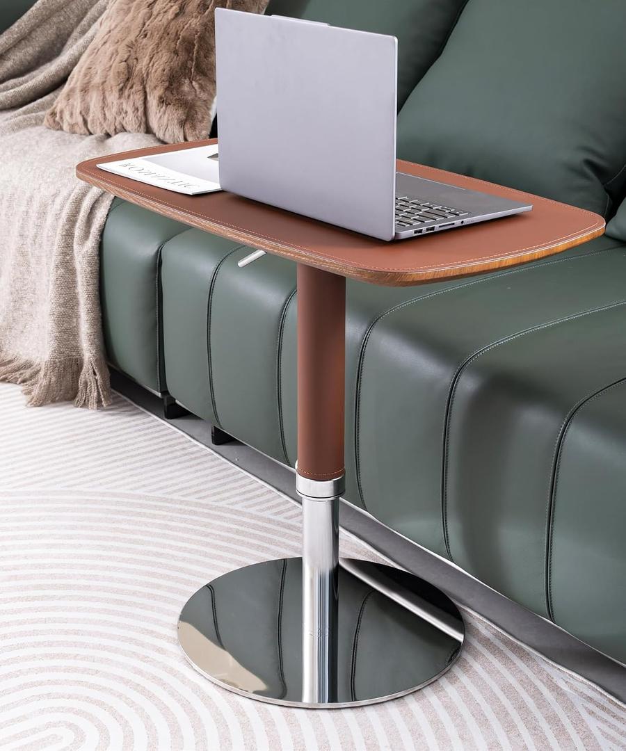 TV Trays for Eating on Couch, Adjustable Height Swivel TV Tray with Saddle Faux Leather Top, Heavy Duty Snack Table for Sofa Bed Recliner, C Shaped Side Table for Laptop Dinner Small Spaces