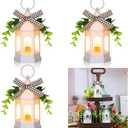 3 Pcs LED Lanterns Farmhouse Spring Tiered Tray Decor Lanterns Rustic Decoration with LED Candle Hanging Rings Eucalyptus Buffalo Plaid Bow for Table Centerpieces Home Coffee Bar Wedding Decor(White)
