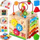 8-in-1 Wooden Baby Activity Cube - Xylophone, Shape Sorter, Abacus| 1st Birthday Gift Toys for One 1 2 3 Year Old Boy Girl | Montessori Educational Learning Toddler Toy| Bonus Sorting & Stacking Board (Blue Packaging)