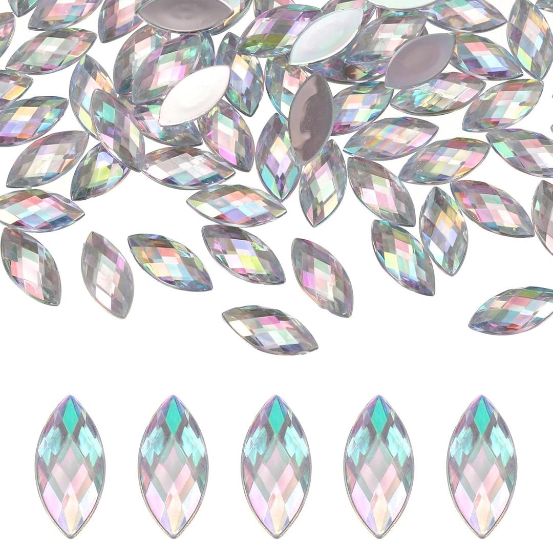 M Meterxity 100-Pack Horse Eye Rhinestone, 15x7mm Acrylic Flat Back Rhinestones Stickers for DIY Craft/Jewelry, Crystal Gems Sticker [White AB]
