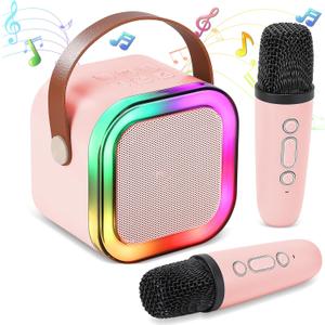 Mini Karaoke Machine, Portable Bluetooth Karaoke Speaker with 2 Wireless Microphones and Light for Family Home Party,Toys for Girls Boys Friends Age 3-12+ Kids and Adults Birthday Gifts.(Pink)