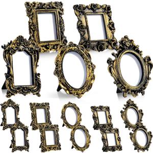 Maitys 15 Pcs Mini Picture Vintage Frames with Stands Tiny Antique Photo Baroque Ornate Resin Oval Frame Table Top Display Home Wedding Decor (Black Gold)