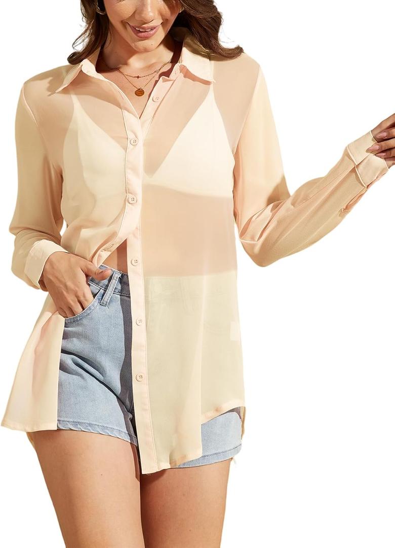 Arssm Sheer Tops for Women Sheer Button Up Blouse Long Sleeve Sexy See Through Tops Mesh Shirts (Small, Apricot)