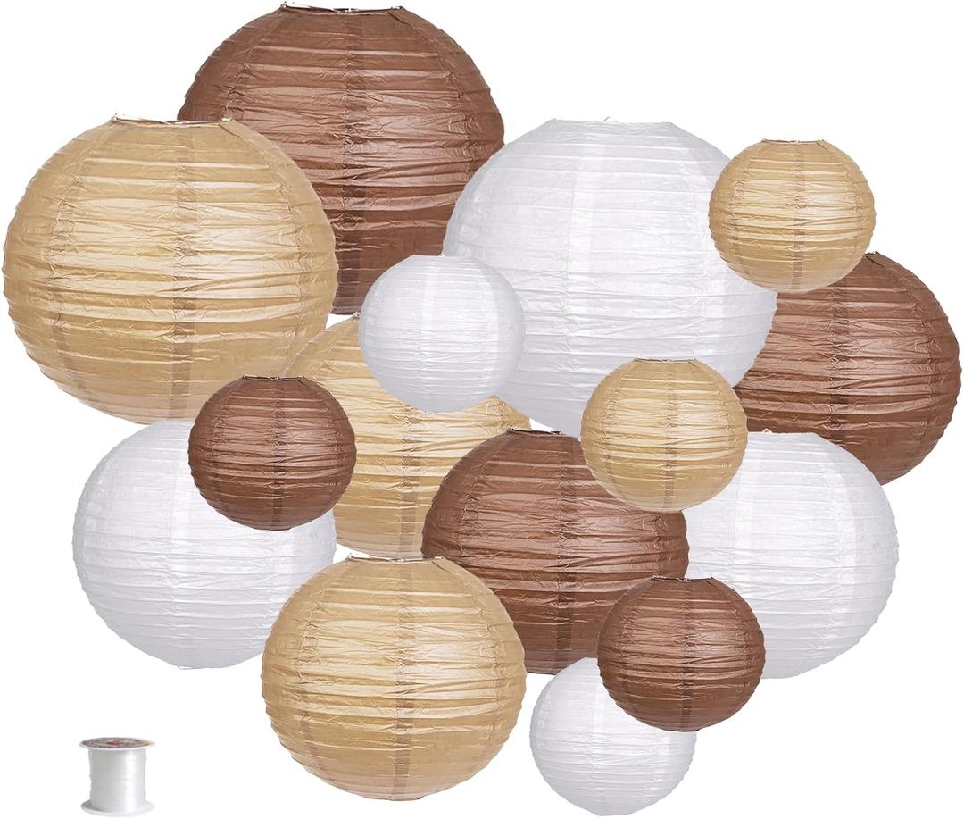Paper Lanterns Decorative, Round Hanging Paper Lanterns Decorations for Rustic Party Wedding Natural Baby Shower Boho Brown Birthday Party Supplies Brown/White/Tan 15pcs