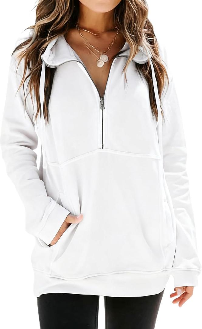 Ladmous Womens Casual Long Sleeve Half Zip Sweatshirt Lapel Drawstring Oversized Pullover Tops with PocketsS-2XL (White, XXL)