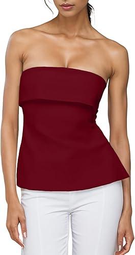 Strapless Tube Tops for Women Backless Going Out Bandeau Top Sexy Trendy Off Shoulder Side Split Summer Bustier Tops Large