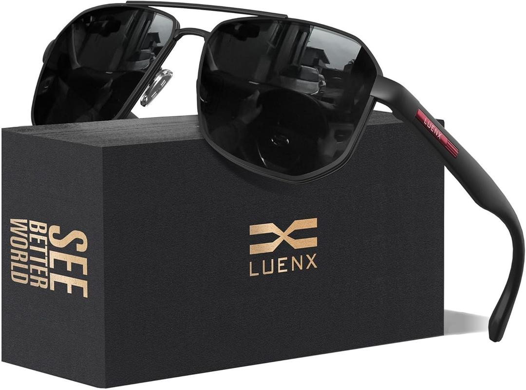 LUENX Aviator Sunglasses for Men Square Polarized Polygon Lens - UV 400 Protection with Accessories 61MM Driving Outdoor (Black)