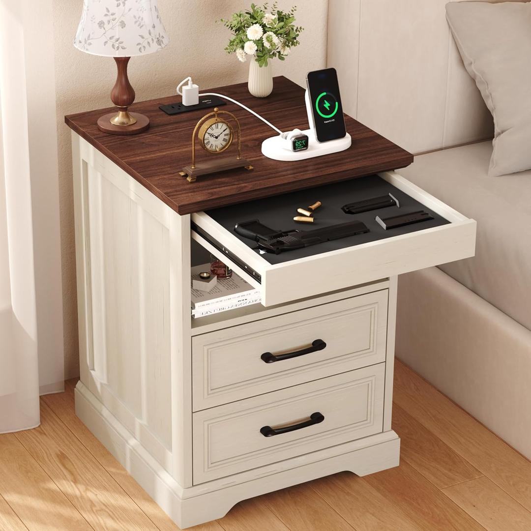 Yusong Farmhouse Night Stand with Gun Drawer & Invisible Lock, 25" Tall Bedside Table with Charging Station, End Table with Open Shelf for Bedroom Room (White-Brown)