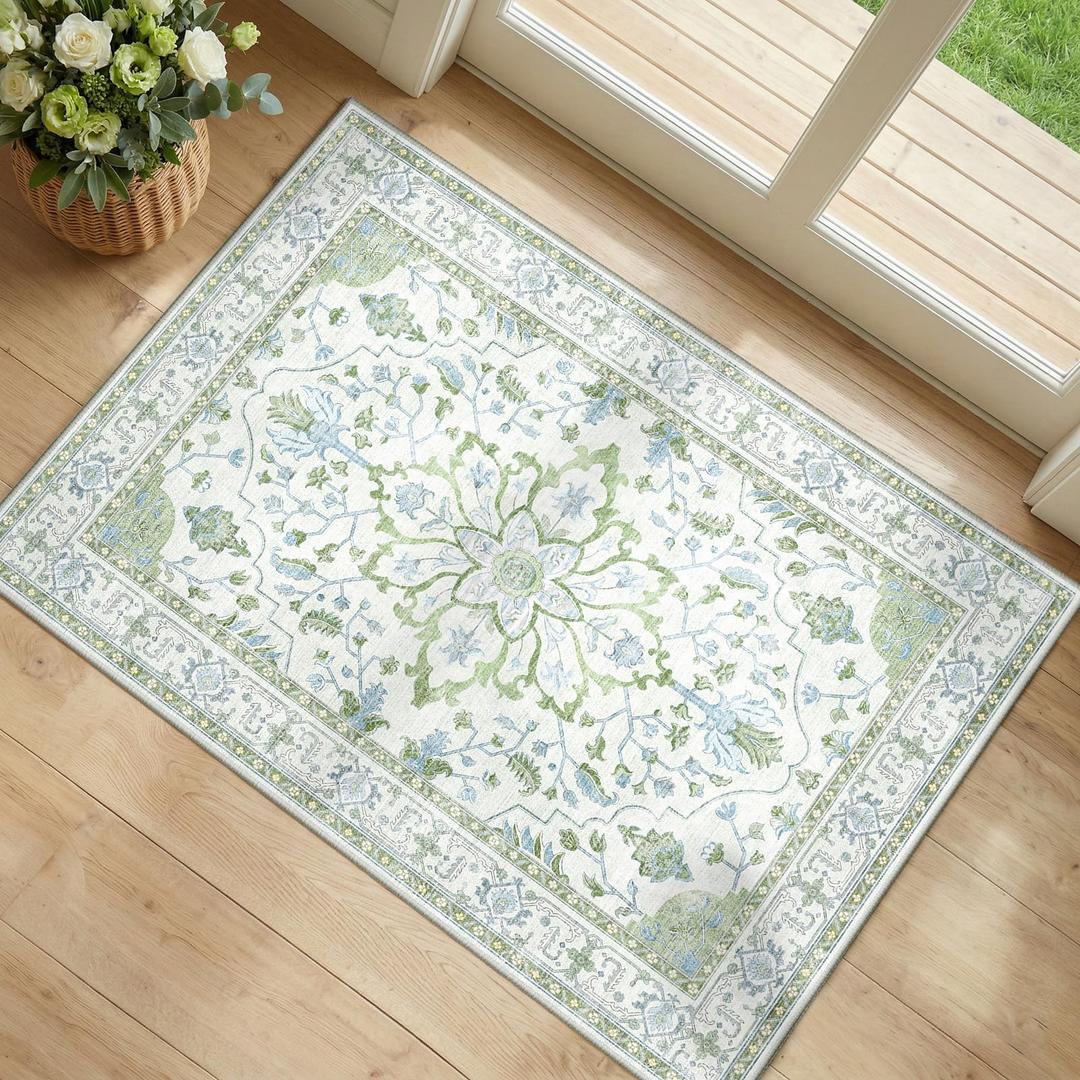 RELEANY Washable Area Rug, Large 10'x12', Green/White/Blue