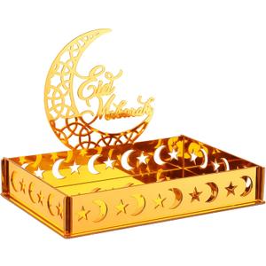 DoubleFill Ramadan Serving Tray Gold Eid Mubarak Holder Al-fitr Home Decoration for Moon Star Tray Gold Container for Home Islamic Muslim Party Tableware Kitchen Dessert Food Storage(Eid Mubarak)