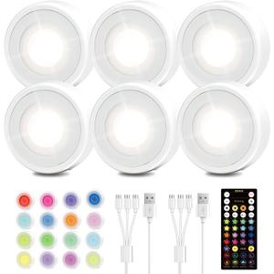 EZVALO LED Puck Lights, 6Pack Rechargeable Battery Touch Light, 2.5'' Mini Tap Lights, Wireless Closet Light, Under Cabinet Lighting, 3 Color & 83 RGB, Sitck On Lights for Kitchen,Pantry,Shelves (White)
