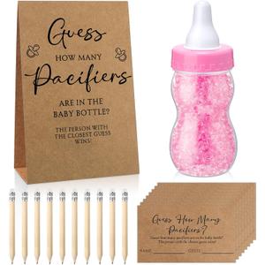 Roowest 512 Pcs Baby Shower Games Guess How Many Pacifiers Sign 100 Small Guessing Games 10 HB Pencils 750ml Milk Bottle 400 Acrylic Pacifiers Decoration for Guest Gender Reveal (Pink,Kraft)