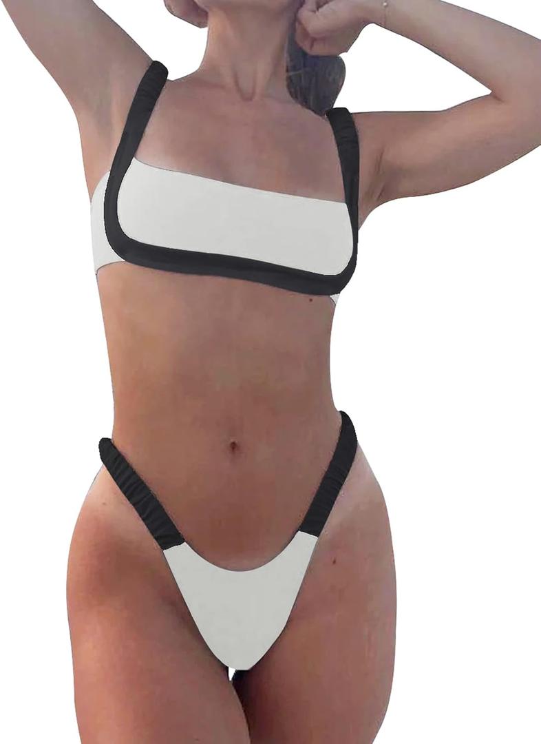 WODECASA Women's Colorblock Bikini Set Square Neck High Cut Cheeky Sexy Two Piece Swimsuit Bathing Suit (151 White)