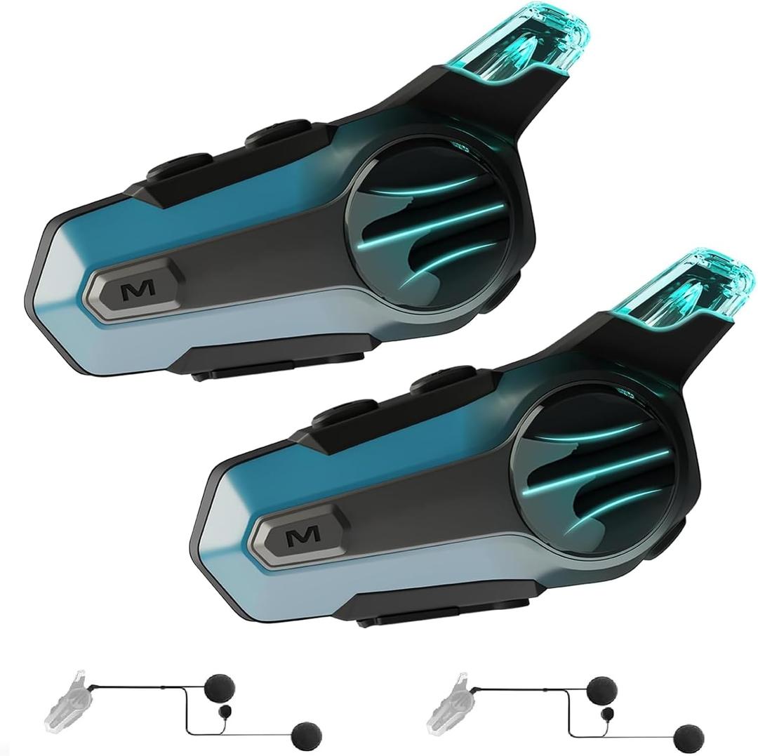 Motorcycle Bluetooth Headset for Wireless Dirt Bike 2-Way 600M Intercom CVC Noise Cancellation Stereo HiFi Music IP67 Waterproof for Full Face Helmet with Tail Light (Blue-Dual Pack)
