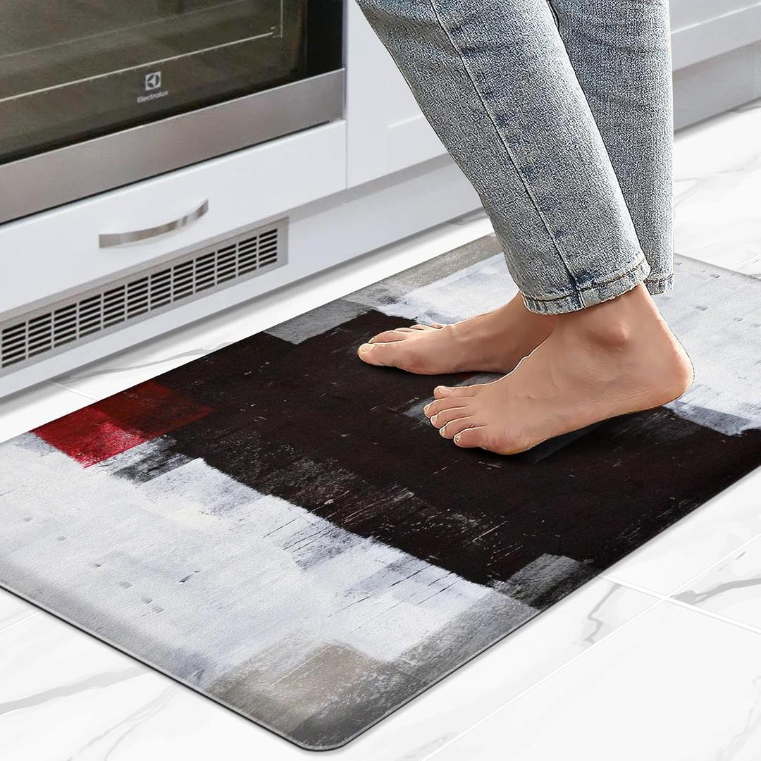 Red Grey Anti-Fatigue Kitchen Mat - Abstract Art Painting Waterproof Non-Slip PVC Floor Rug for Home, Sink, Laundry