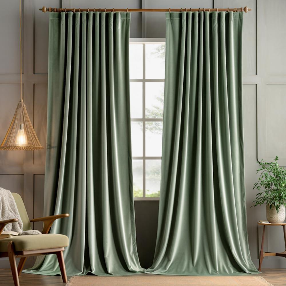 MIULEE Sage Green Velvet Curtains 84 inches 2 Panels - Pinch Pleated Luxury Room Darkening Window Drapes for Bedroom Living Room Blackout Thermal Insulated Super Soft, Back Tab Rod Pocket, W52 x L84