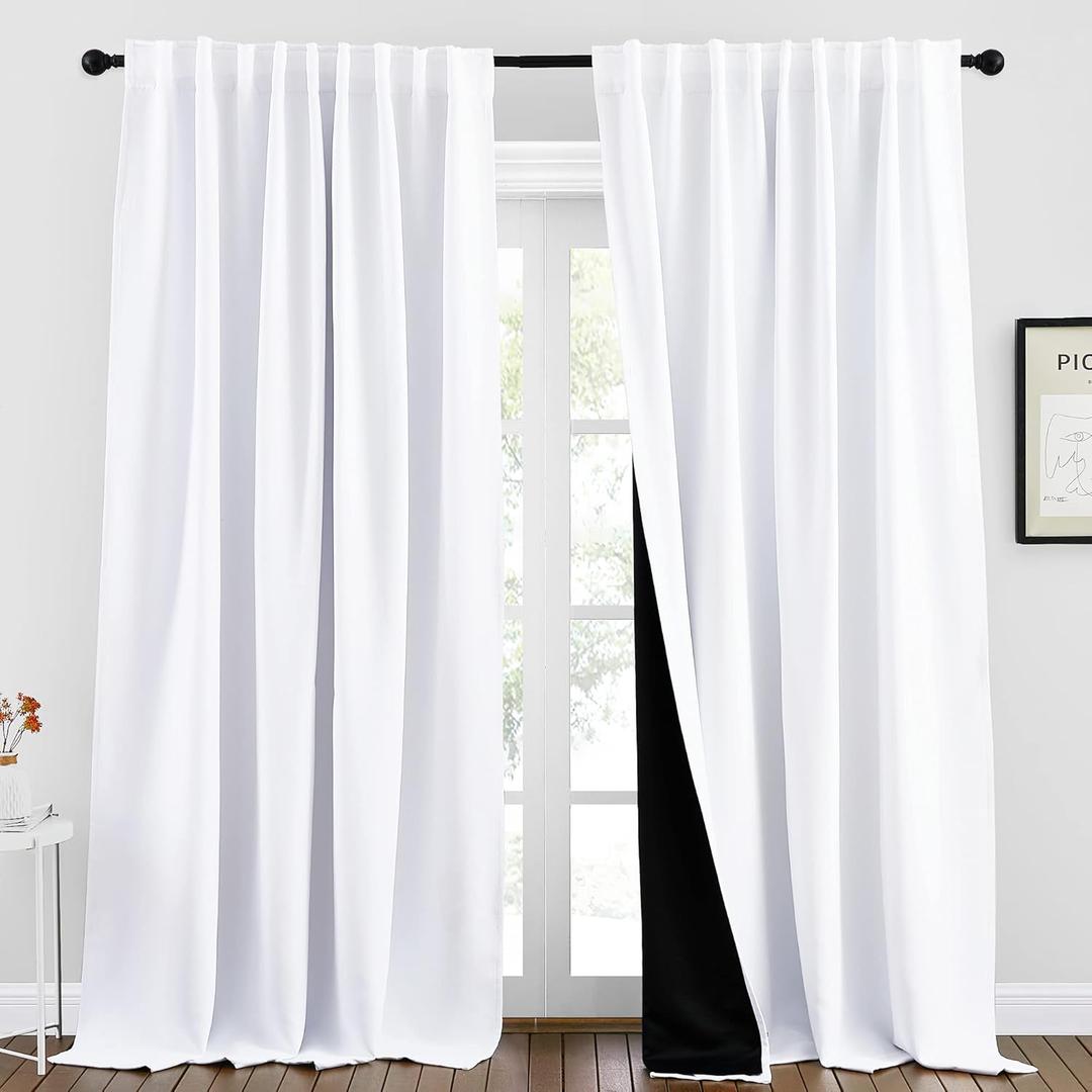 NICETOWN 100% Blackout Window Curtains, Cold and Full Light Blocking Drapes with Black Liner for Nursery, 95 Inches Thermal Insulated Draperies for Patio Door (Pure White, 2 Pieces, 70 inches Wide)