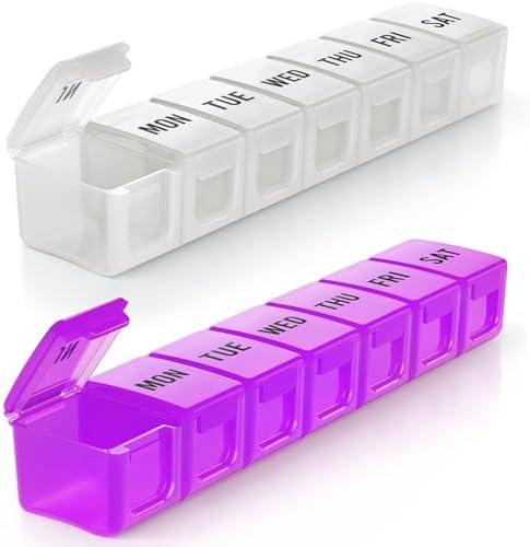 BUG HULL Weekly Pill Organizer Large 2 Packs, Extra Large Travel Pill Organizers, Pill Box 7 Day, Travel Pill Case, Medicine Pill Organizer for Vitamins, Supplements and Medication (White+ Purple)