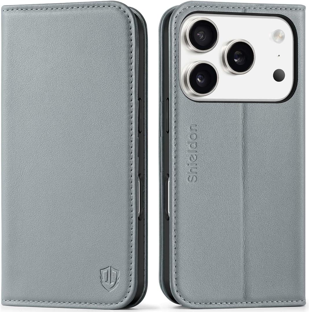 SHIELDON Genuine Leather Wallet Case for iPhone 17 Pro 6.3-inch 2025 | Folio Magnetic | RFID Blocking Credit Card Holder | Kickstand | TPU Shockproof Phone Cover for Men Women | Gray