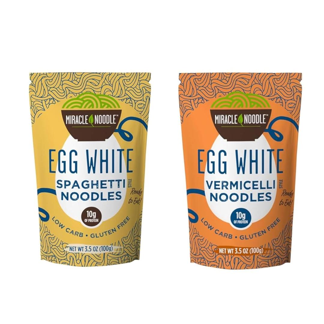 Miracle Noodle Egg White Pasta Variety Pack, 3.5 Oz (Pack of 6), Spaghetti, Vermicelli Angel Hair, Ready to Eat Egg White Noodles, 10g Protein, 45 Calories, 1g Net Carbs Per Serving, High Protein, Keto, Gluten-Free, BB 08/21/2026