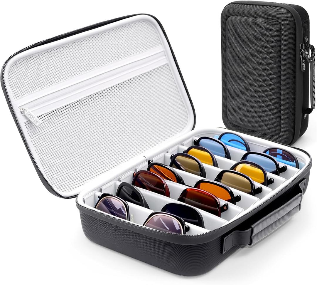 Krypthos Travel Sunglasses Organizer Case, Portable Eyeglasses Storage Box, Adjustable Multi-Compartments & Crushproof Design, Holds Up to 4 Pairs, Eyewear Display Case for Men Women