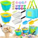 DISHIO Beach Toys for Kids, 25 Pcs Metal Sand Sifter & Collapsible Beach Buckets Set, Stainless Steel Sand Shovel, Sandcastle Building Kit with Mesh Bag, Travel Sand Toys for Toddlers Age 3-10