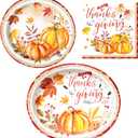 Dereinwo 100 PCS Thanksgiving Paper Plates and Napkins | Bundle Includes Paper Oval Dinner Dessert Plates and Napkins for Thanksgiving Party Supplies
