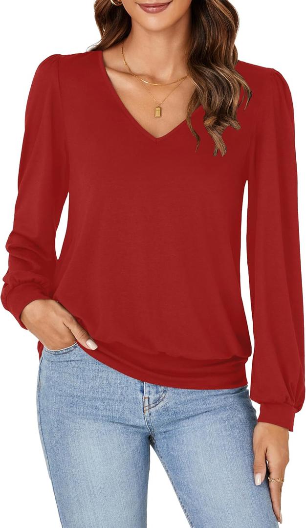 Vrtige Women's Casual Banded Bottom V Neck Puff Long Sleeve Tunic Top Blouse Shirt (Medium)