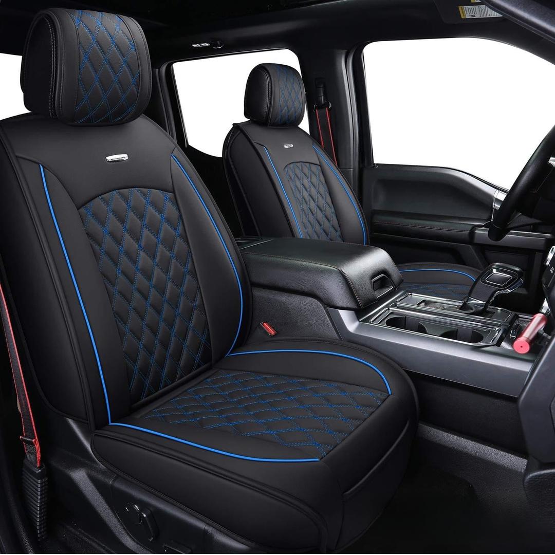 Aierxuan Car Seat Covers Full Set with Waterproof Leather, Automotive Vehicle Cushion Cover for Cars SUV Pick-up Truck Fit for 2009 to 2025 Ford F150 and 2017 to 2025 F250 F350 F450 (Black-Blue)