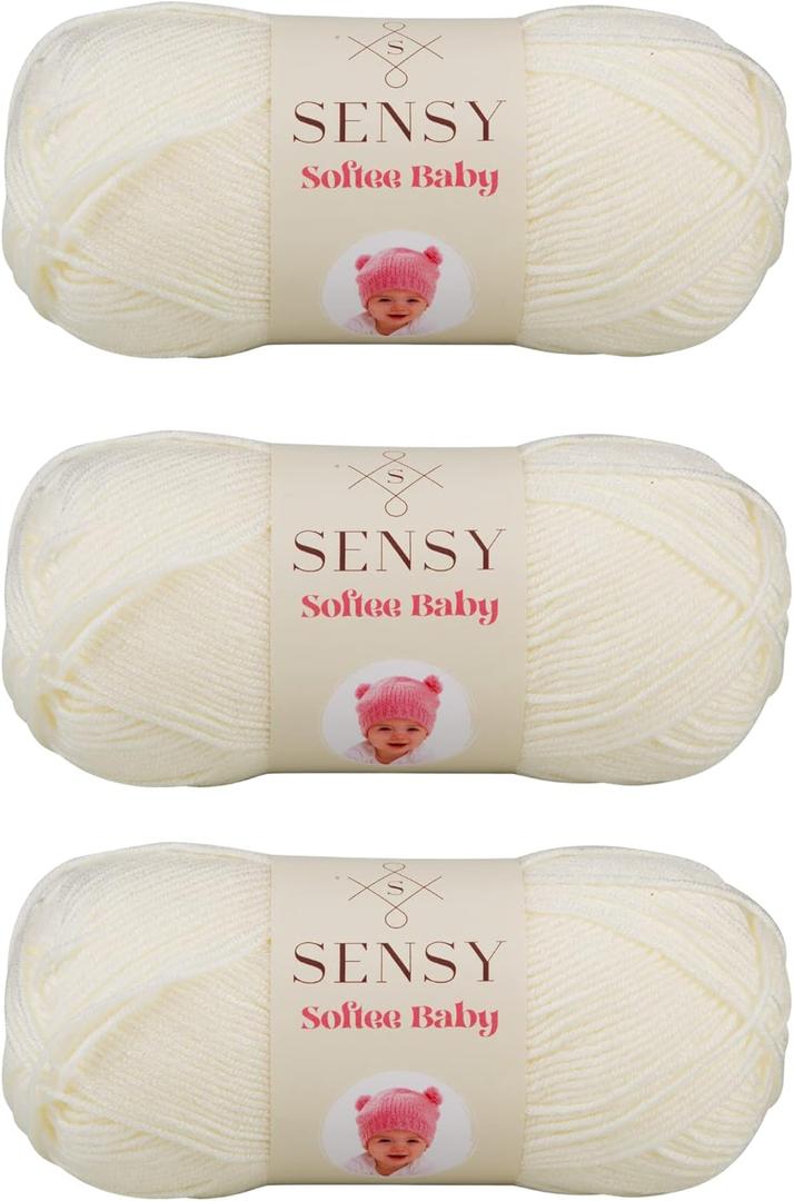 3 Skeins of Sensy Softee Baby Yarn, 3.5 oz, 275 Yards, Gauge 3 Light (Creamy)