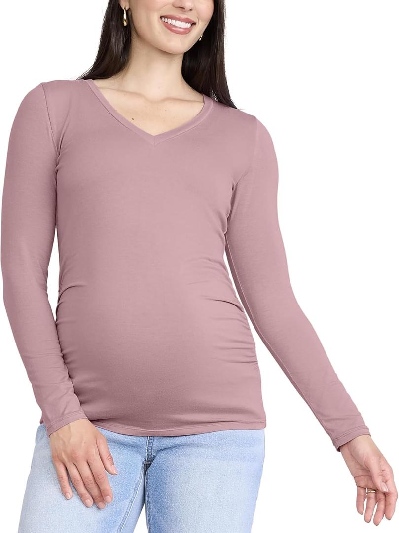 Motherhood Maternity Womens Long Sleeve V-Neck Side Ruched Tee Shirt (Pink, XXL)