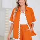 Fixmatti Women Two Piece Summer Sets Short Sleeve Button Down Shirts (Orange, M)