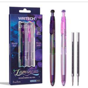 WRITECH Gel Pens Medium Point: Luminous pen set 0.7mm, Black Ink, Includes 2 Pens and 2 Refills, Silent Clicker, Smooth Writing for School Office & Everyday Use
