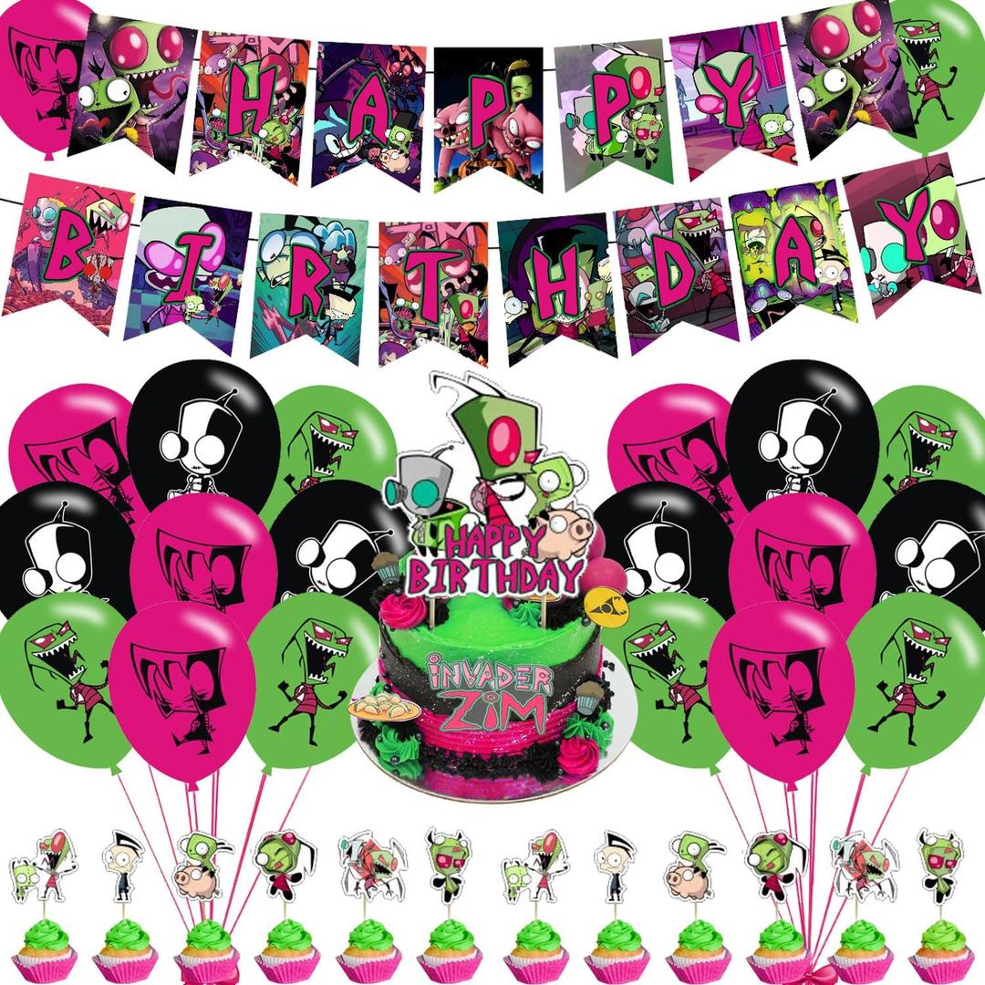 Invader Zim Party Decorations,Invader Zim Birthday Party Supplies Includes Banner - Cake Topper - 24 Cupcake Toppers - 18 Balloons