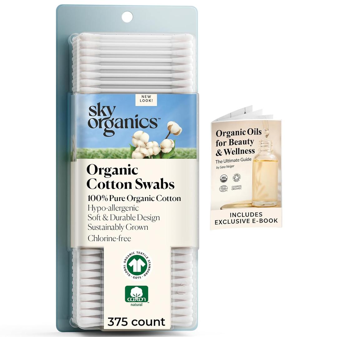 Sky Organics - Organic Cotton Swabs, Ultra Soft Tips - Strong & Durable - Hypoallergenic - Chlorine Free - Sustainable - Natural, Vegan & Cruelty Free - Skin Care & Self Care w ebook (375 Count (Pack of 1))