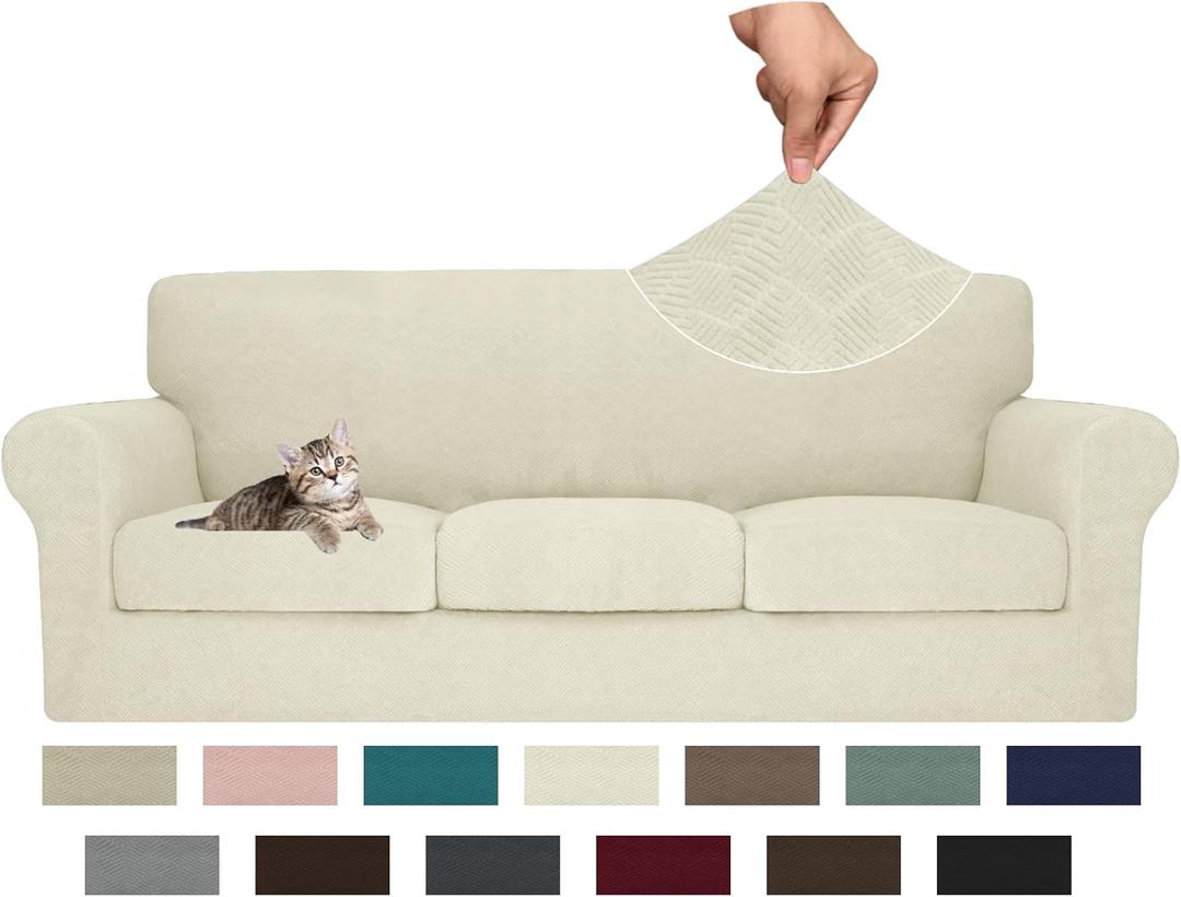 MAXIJIN 4 Piece Couch Covers for 3 Cushion Couch Sofa Covers, Stretch Couch Slipcovers for Sofas with 3 Cushions, Thick 3 Seat Furniture Protector for Dogs Pet (71"-91", Beige)