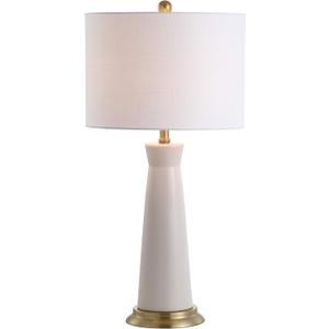 JONATHAN Y 29" Cream Modern Ceramic Column Table Lamp with Brass Gold Base, Elegant Bedside Lamp for Living Room Bedroom Nightstand, White Linen Shade, LED Bulb Included JYL3046A