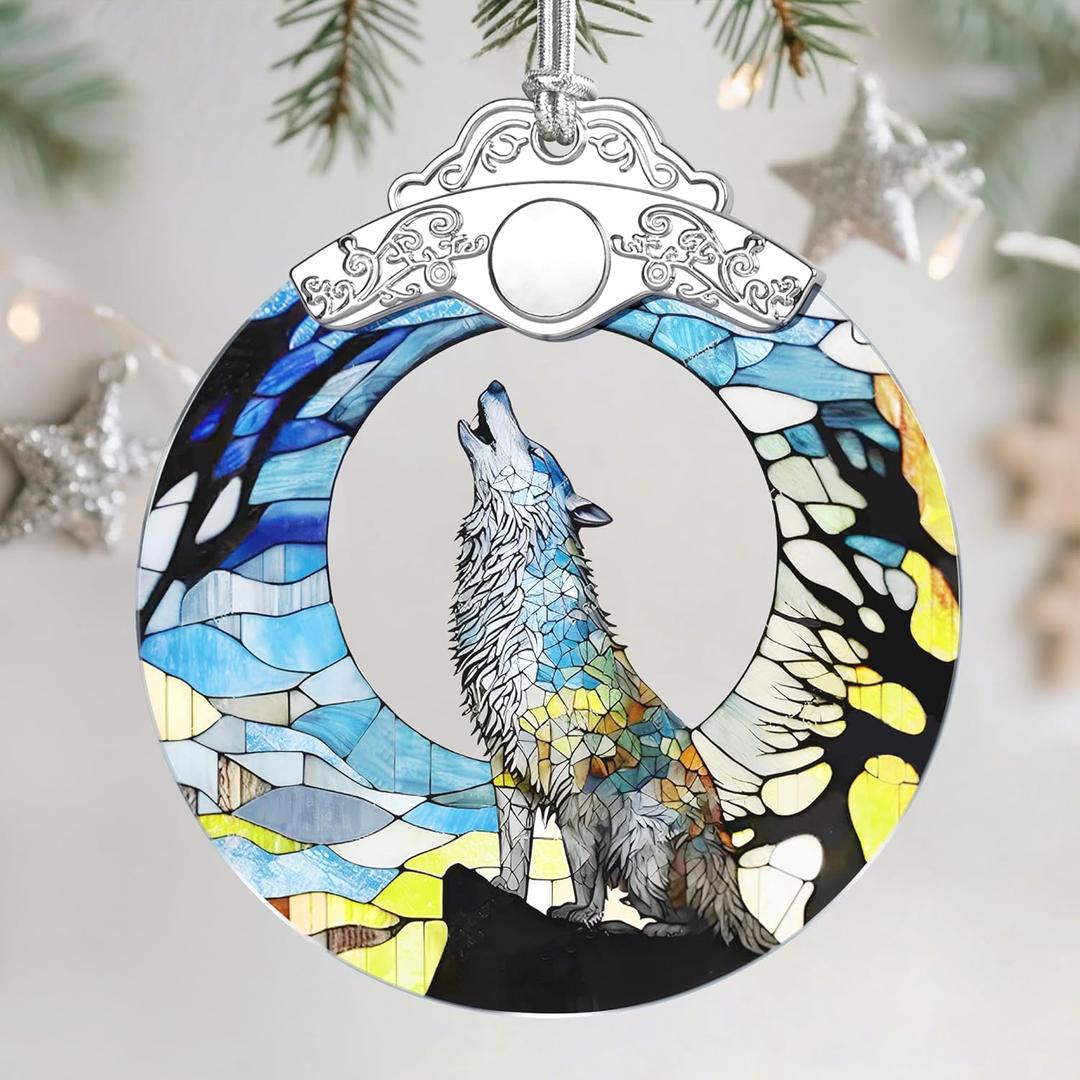 7 x Christmas Ornaments: Stained Glass Ornament, Christmas Tree Ornament, Hanging Ornaments for Home Decor & Xmas Tree Decorations  Exquisite Holiday Decor, Gifts & Holiday Present - Wolf