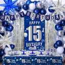 15th Birthday Decorations for Boys Girls, Blue Happy 15th Birthday Decorations Boy 15 Birthday Door Banner, 15 Year Old Boy Bday Party Decor with Tablecloth Foil Backdrop Star Balloons for 15th Boys