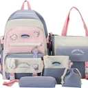 5Pcs Kawaii Cute Backpacks Combo Set with Bear Pendant & Pins - Back To School Supplies Patchwork Bunny Daypack Bag Kit (Blue)