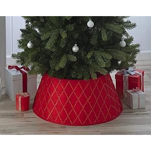 New Traditions Red Satin Christmas Tree Collar with Criss Cross Tinsel – 26" Diameter Fabric Stand Band for Artificial & Natural Trees – Tree Skirt Alternative, Collapsible