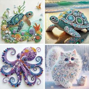 4Pack Diamond Painting Kits For Adults,Sea Turtle Special Shape Diamond Art Kits For Adults Beginners, DIY Diamond Crystal Rhinestones Gem Art Animal Octopus and Cat For Home Wall Decor 12 X 12Inch
