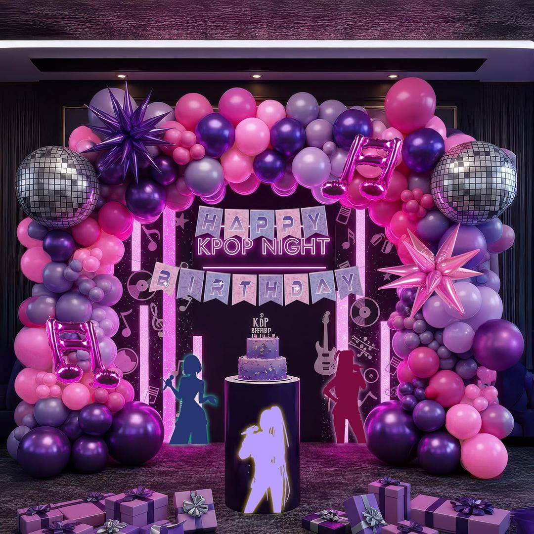 K-Pop Music themed Birthday Decorations with Hot Pink Metallic Purple Balloon Garland Arch Kit & Disco Notes Star foil Balloons & Banner for Girls fans Birthday Party grad Prom Decorations