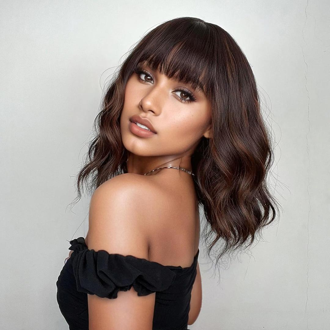 VCKOVCKO Short Bob Wigs Brown Mix Orange Wavy Wig With Air Bangs Women's Shoulder Length Curly Wavy Synthetic Cosplay Wig Brown Mix Orange for Girl (12", 8/30)