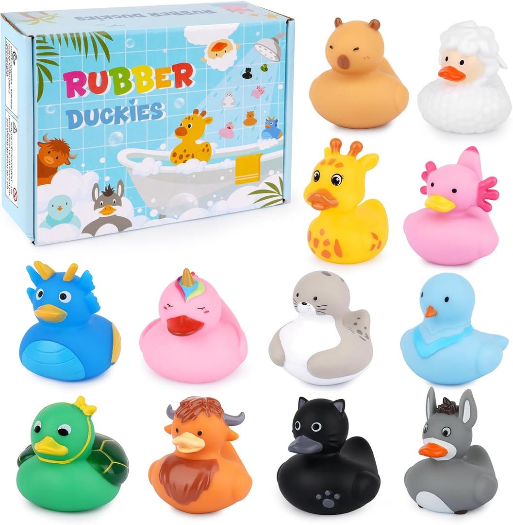 12PCS Rubber Ducks - Assorted Rubber Ducks with Black Cat,Highland Cow,Sheep Bath Toys,Toddler No Hole Ducks for Jeeps,Baby Bath Toys, Animal Bath Duckies for Baby Shower Pool Party Favors