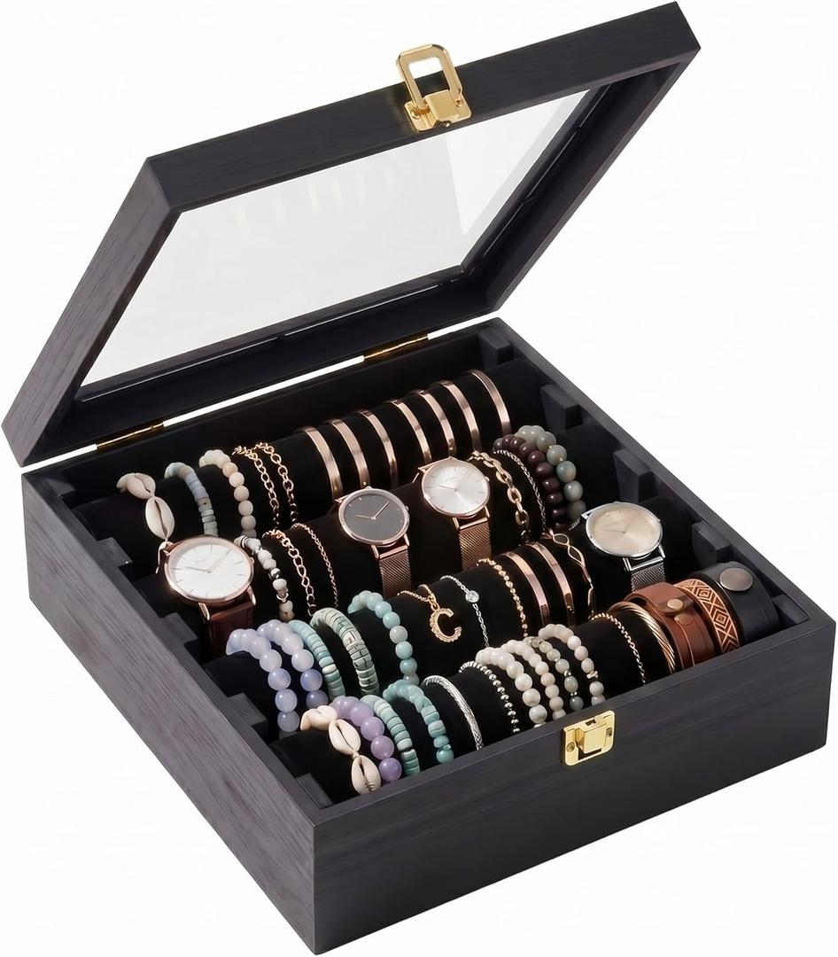 Wenqik Bracelet Display Holder Organizer with 4 Rods, Wooden Bracelet Box with Clear Lid, Jewelry Storage Case for Women Retail Bangle Watches Jewelry Stores, Black Lining