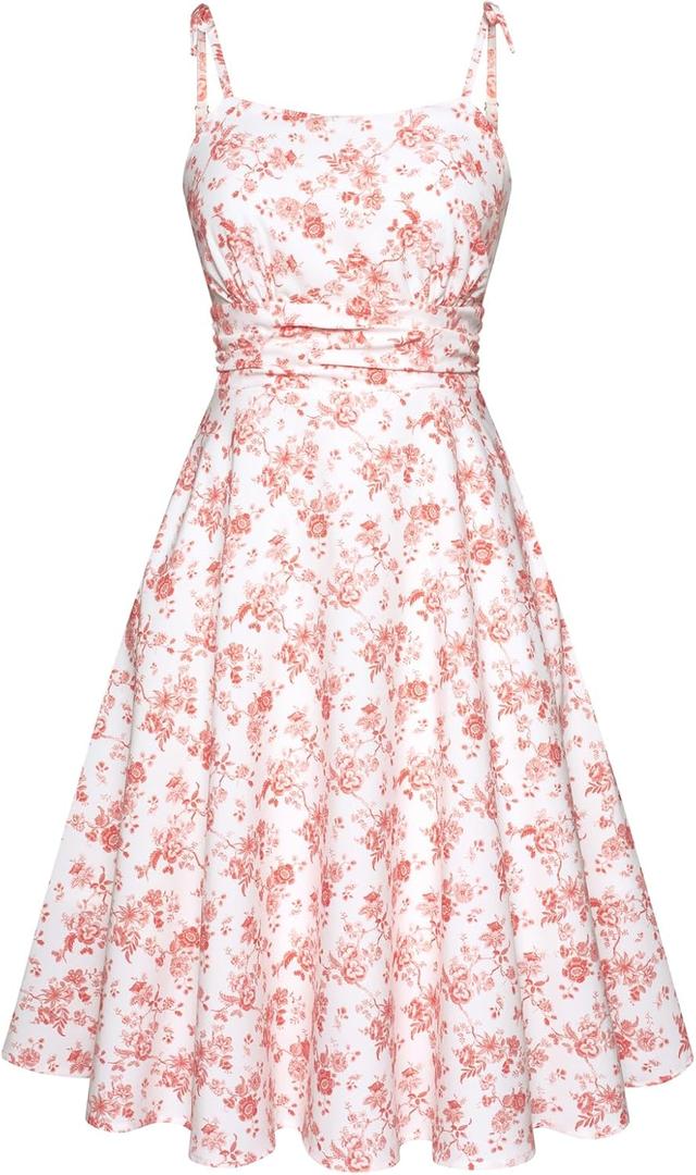 Belle Poque 2025 Summer Dresses for Women Spaghetti Strap Midi Sun Dress Cute Casual Dress with Pockets (XX-Large, White-pink Red Floral)