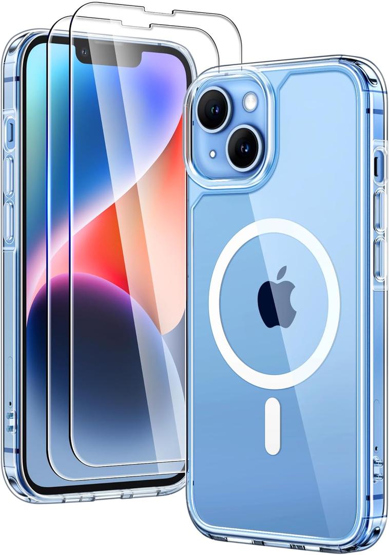 TAURI for iPhone 14 Plus Case, Compatible with MagSafe, with Screen Protectors, Not-Yellowing Military-Grade Protection, Shockproof Slim Magnetic Case for iPhone 14 Plus 6.7", Clear